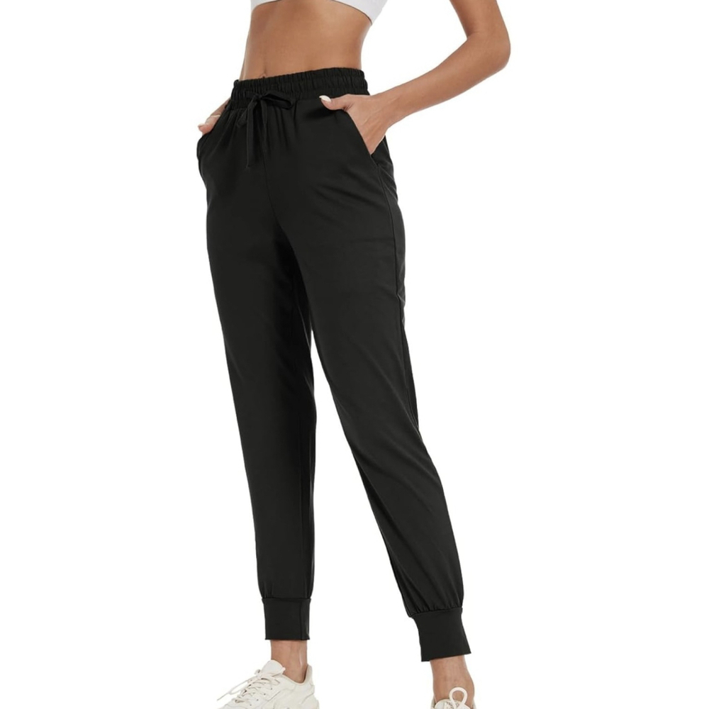 Women Tapered Joggers w Pockets – Casual Yoga High Waist Sweatpants Black. SZ M